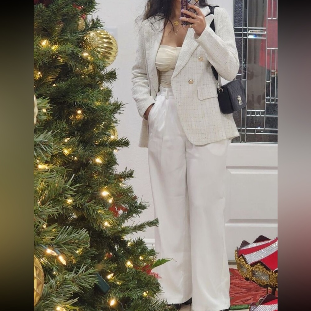 Classic Plaid Tweed Double Breasted White Blazer Jacket Long Sleeve - Picture 16 of 16